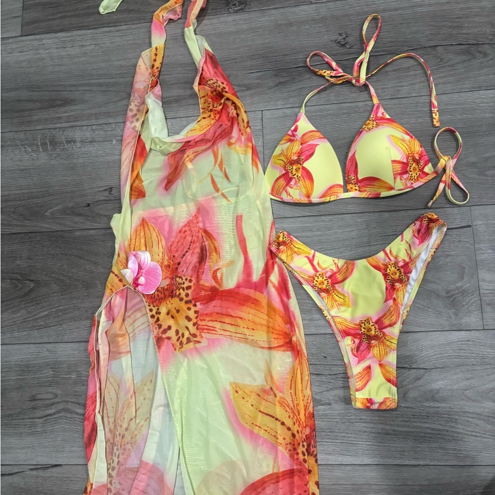 Tropical Floral Bikini Set - Yellow and Pink